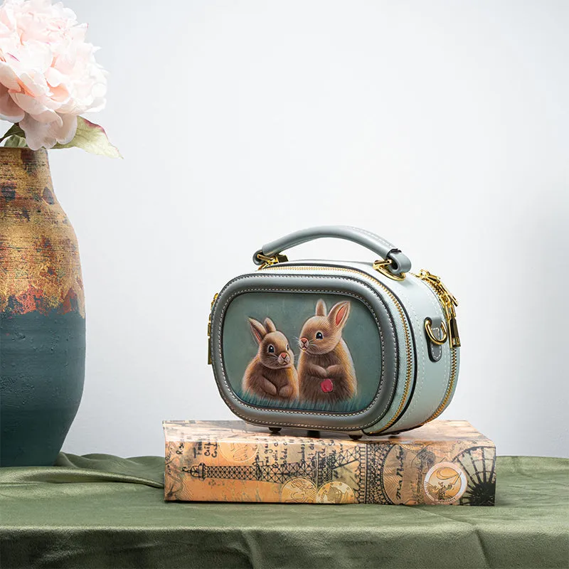 Hand-carved Leather Art Bag in Vegetable Tanned Cowhide with Cute Little Animals Pattern
