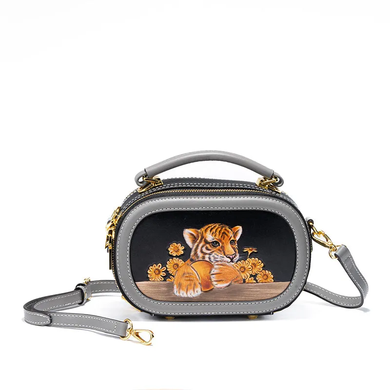 Hand-carved Leather Art Bag in Vegetable Tanned Cowhide with Cute Little Animals Pattern