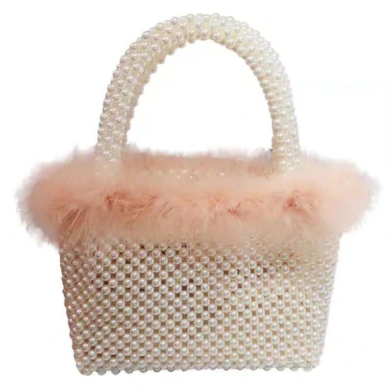 Hand-woven wool and beaded pearl bag