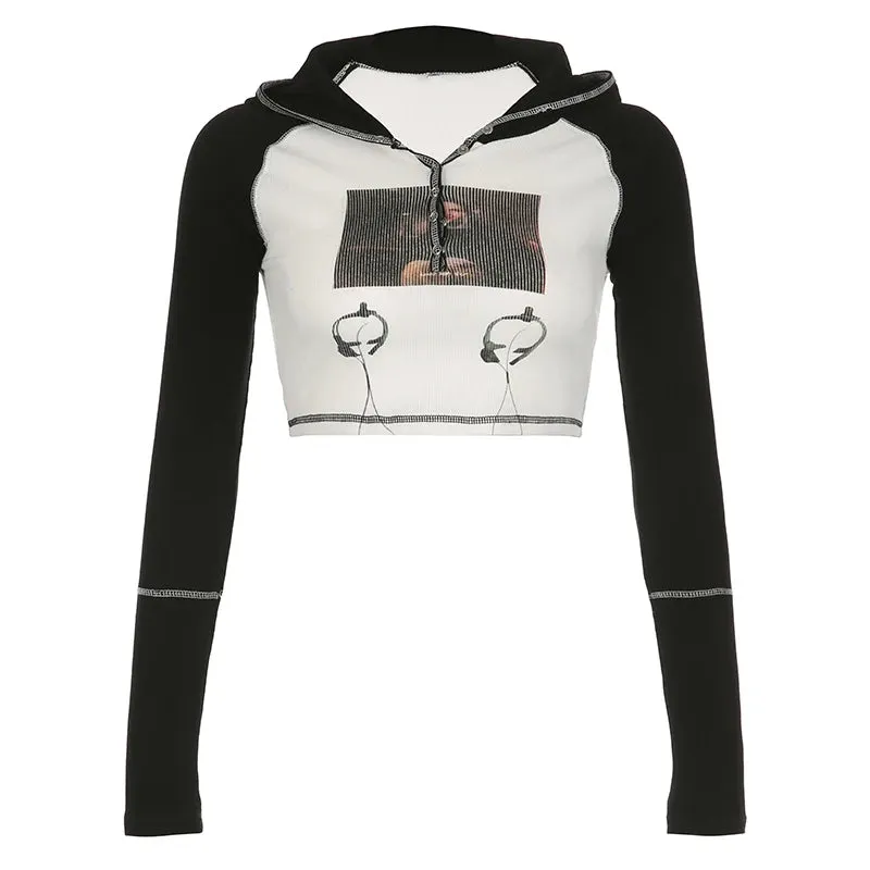 Korean Skinny Printed Stitch Long Sleeve Tee Baby Y2K Autumn Crop Tops Buttons Female T-shirts Hooded Casual Clothing