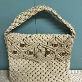 <€€ Vintage MACRAME Purse Bag Sand Beige Hippie Boho Woven Beaded
