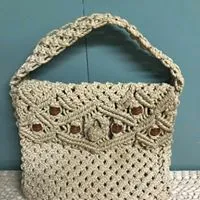 <€€ Vintage MACRAME Purse Bag Sand Beige Hippie Boho Woven Beaded