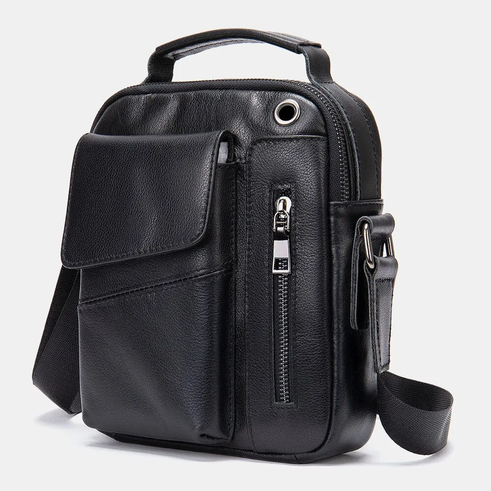 Men Genuine Leather Multi-pockets Earphone Hole Vintage Waterproof Crossbody Bags Shoulder
