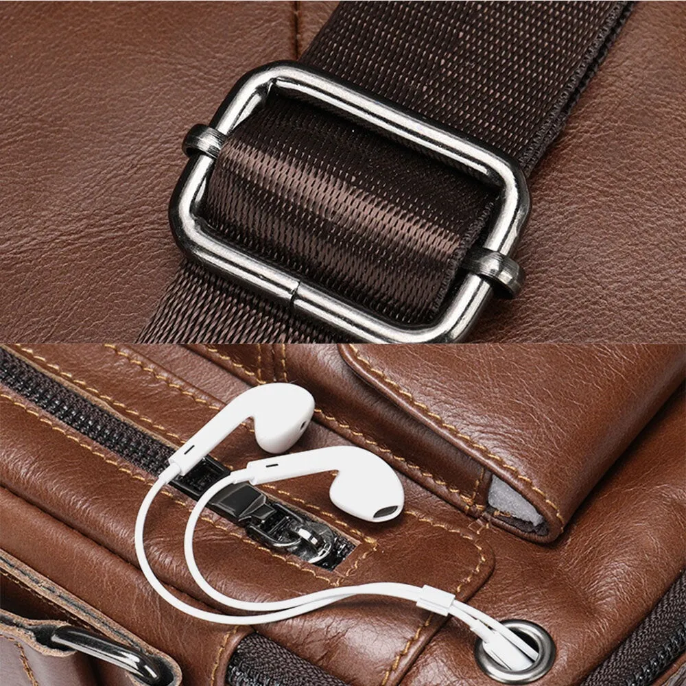Men Genuine Leather Multi-pockets Earphone Hole Vintage Waterproof Crossbody Bags Shoulder