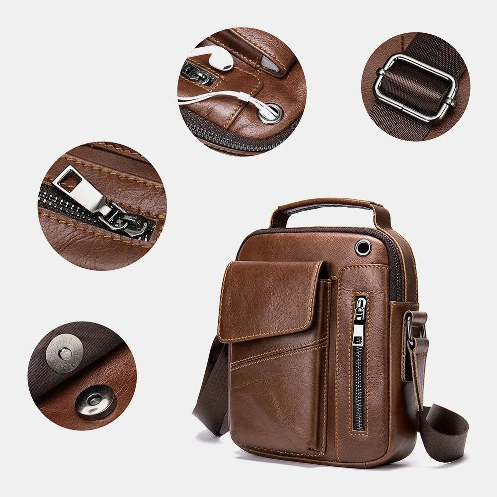 Men Genuine Leather Multi-pockets Earphone Hole Vintage Waterproof Crossbody Bags Shoulder