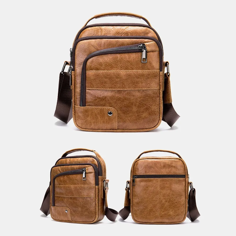 Men Genuine Leather Multi-pockets Earphone Hole Vintage Waterproof Crossbody Bags Shoulder