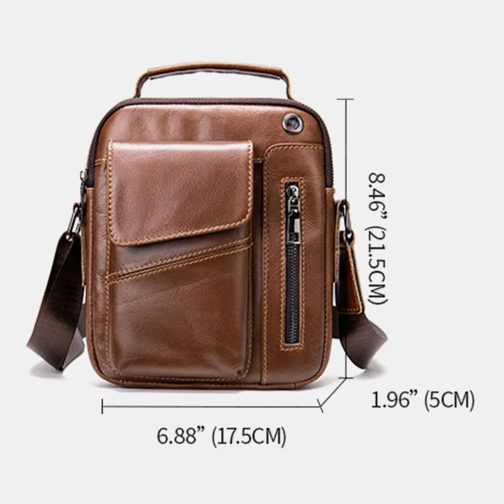Men Genuine Leather Multi-pockets Earphone Hole Vintage Waterproof Crossbody Bags Shoulder