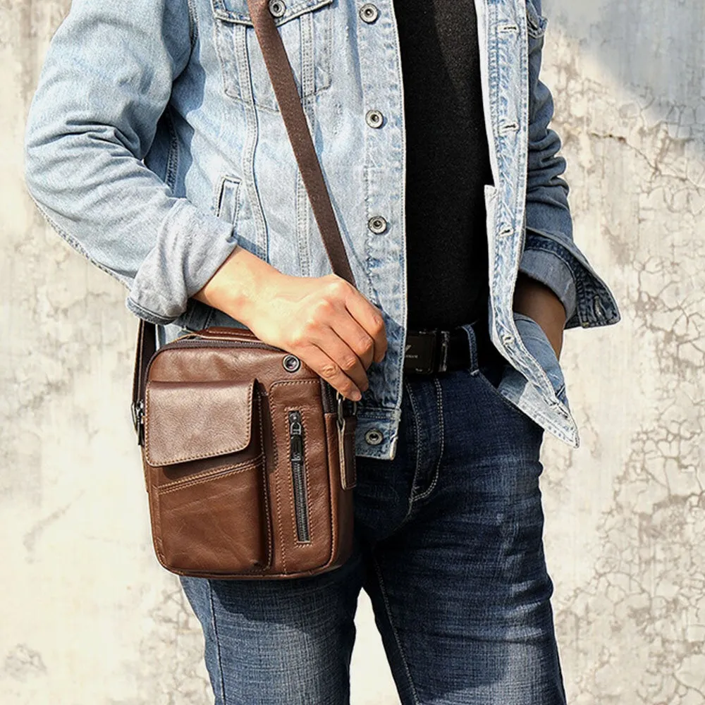 Men Genuine Leather Multi-pockets Earphone Hole Vintage Waterproof Crossbody Bags Shoulder