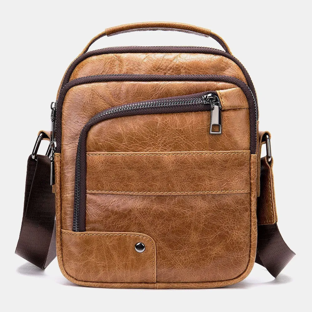 Men Genuine Leather Multi-pockets Earphone Hole Vintage Waterproof Crossbody Bags Shoulder