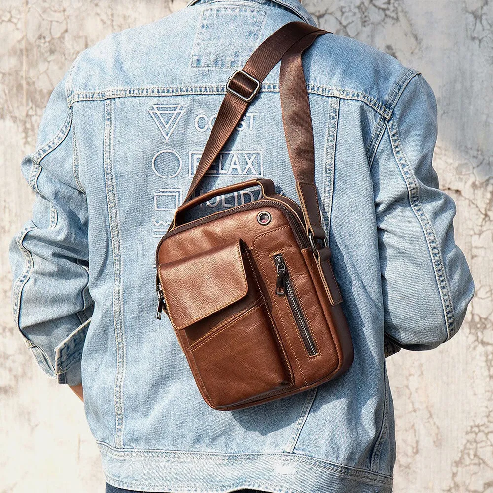 Men Genuine Leather Multi-pockets Earphone Hole Vintage Waterproof Crossbody Bags Shoulder