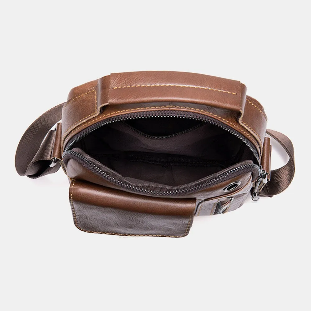Men Genuine Leather Multi-pockets Earphone Hole Vintage Waterproof Crossbody Bags Shoulder