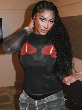 Popular Y2k Graphic T Shirts Sexy See Through Mesh Long Sleeve Going Out Top Casual Black Tees for Women C95-BZ13