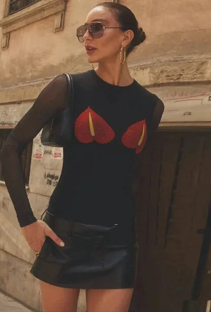 Popular Y2k Graphic T Shirts Sexy See Through Mesh Long Sleeve Going Out Top Casual Black Tees for Women C95-BZ13