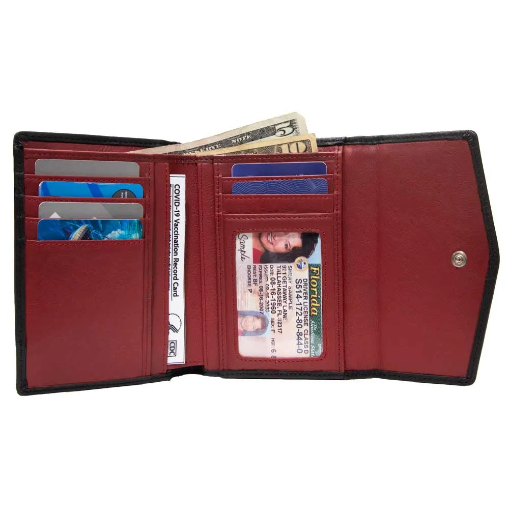 RFID Women's Wallet - Elegant Black and Red Leather Bifold