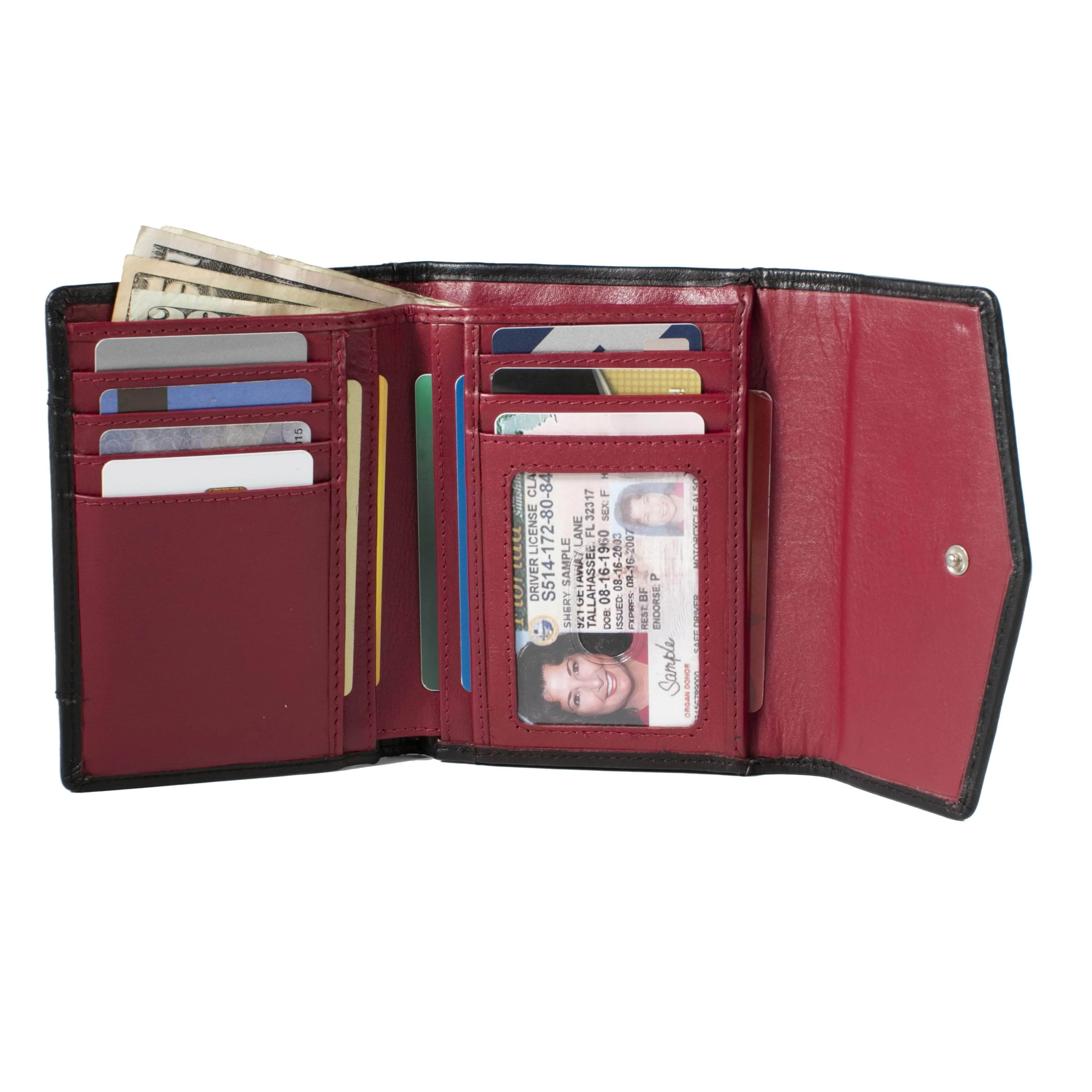 RFID Women's Wallet - Elegant Black and Red Leather Bifold