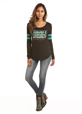 Rock and Roll Cowgirl Turquoise & Whiskey Juniors Long Sleeve Top, Black