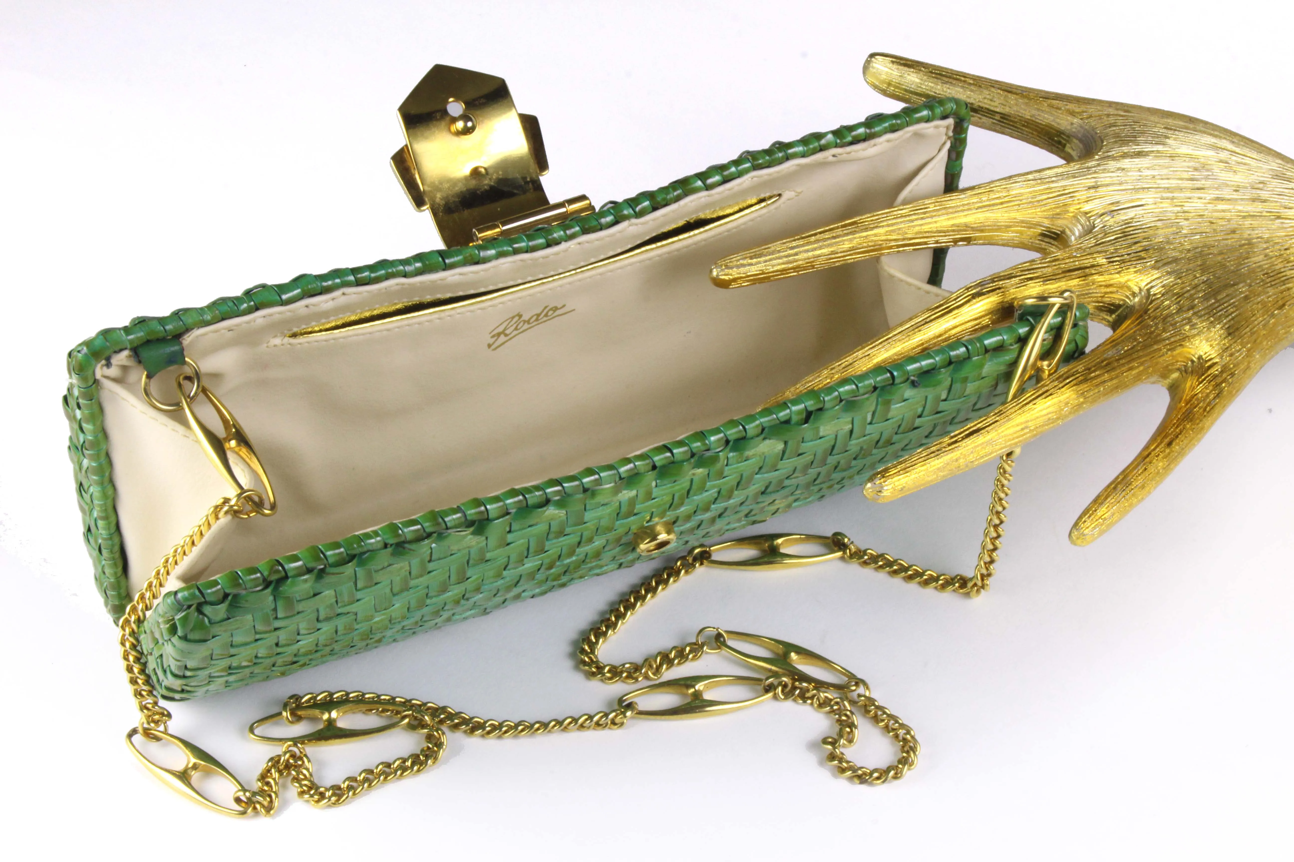RODO green wicker clutch