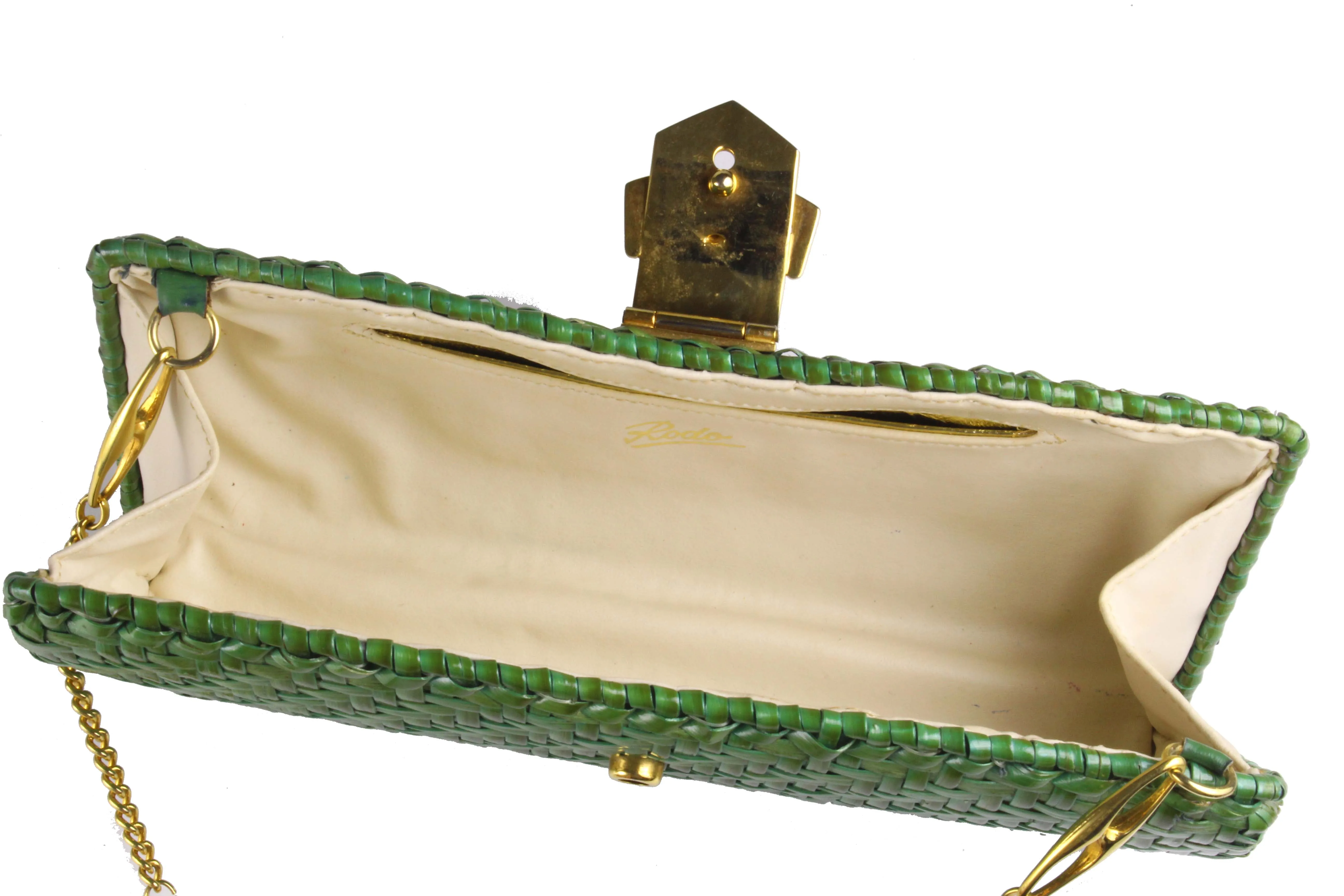 RODO green wicker clutch