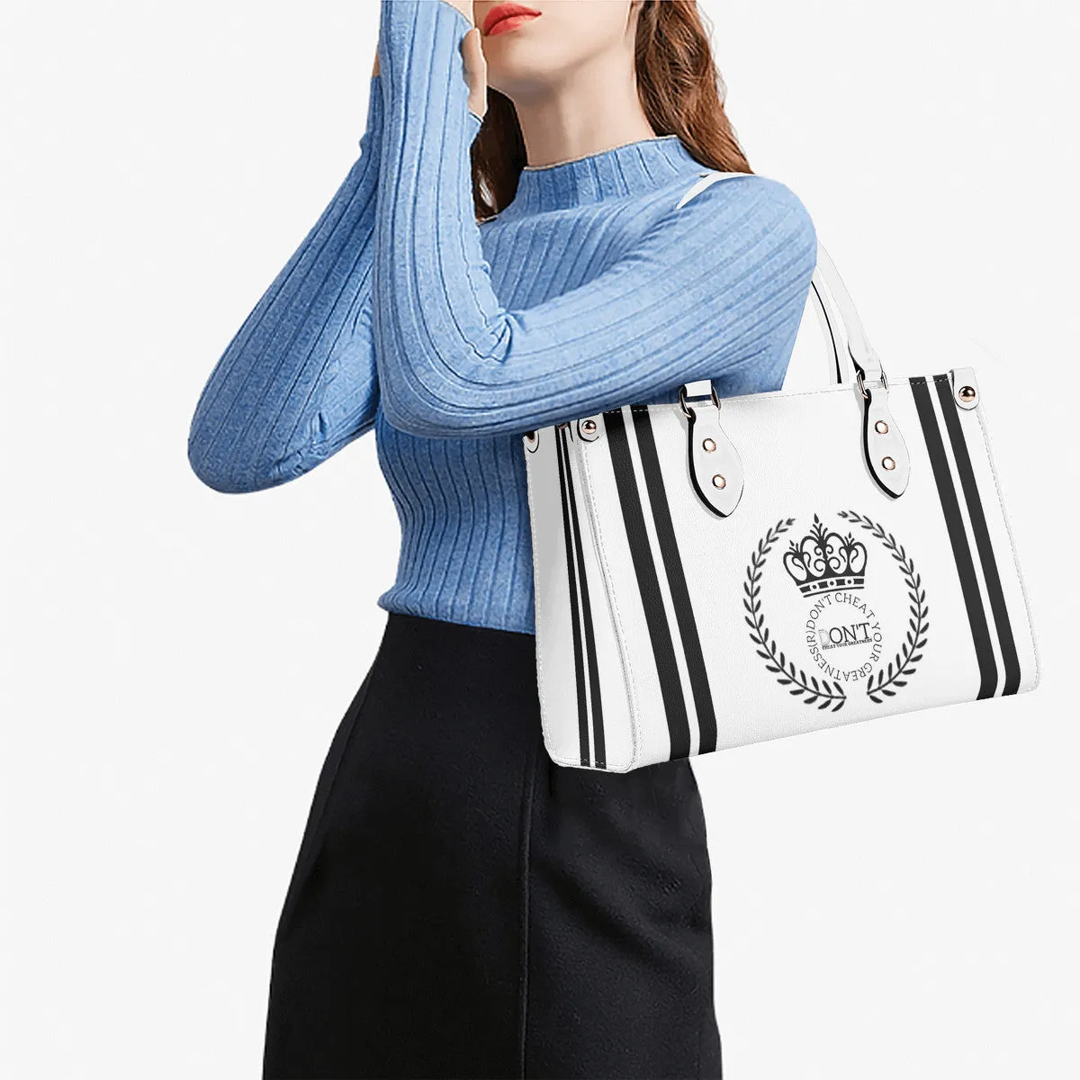 Royalty 24 Black Logo, Stripes & White Multiple Sizes Upgraded Luxury Women PU Leather Handbag