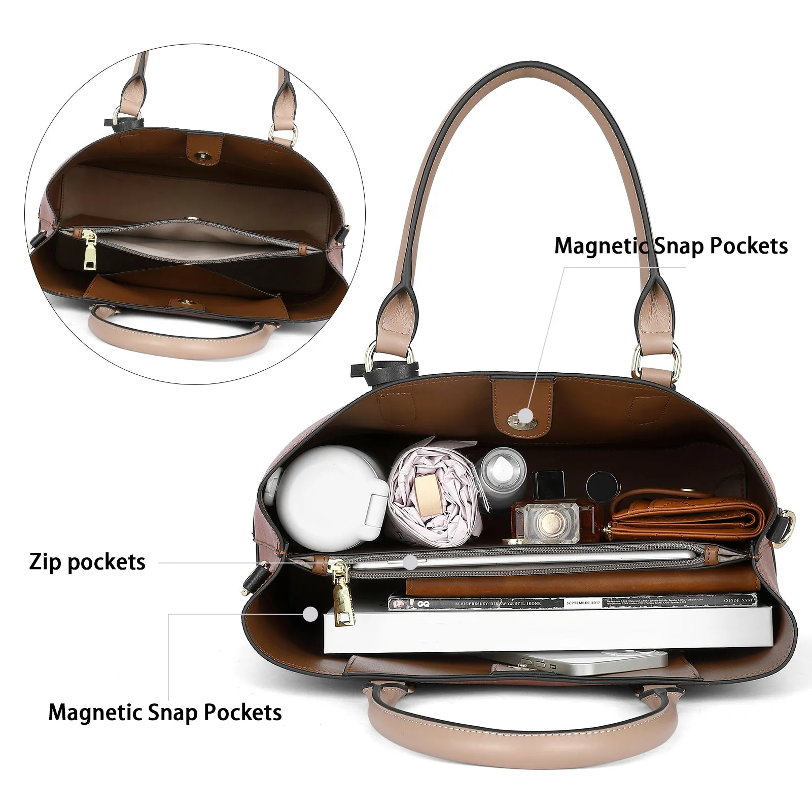 Satchel Handbags Leather Tote Purses Two Tone Designer Work Top Handle