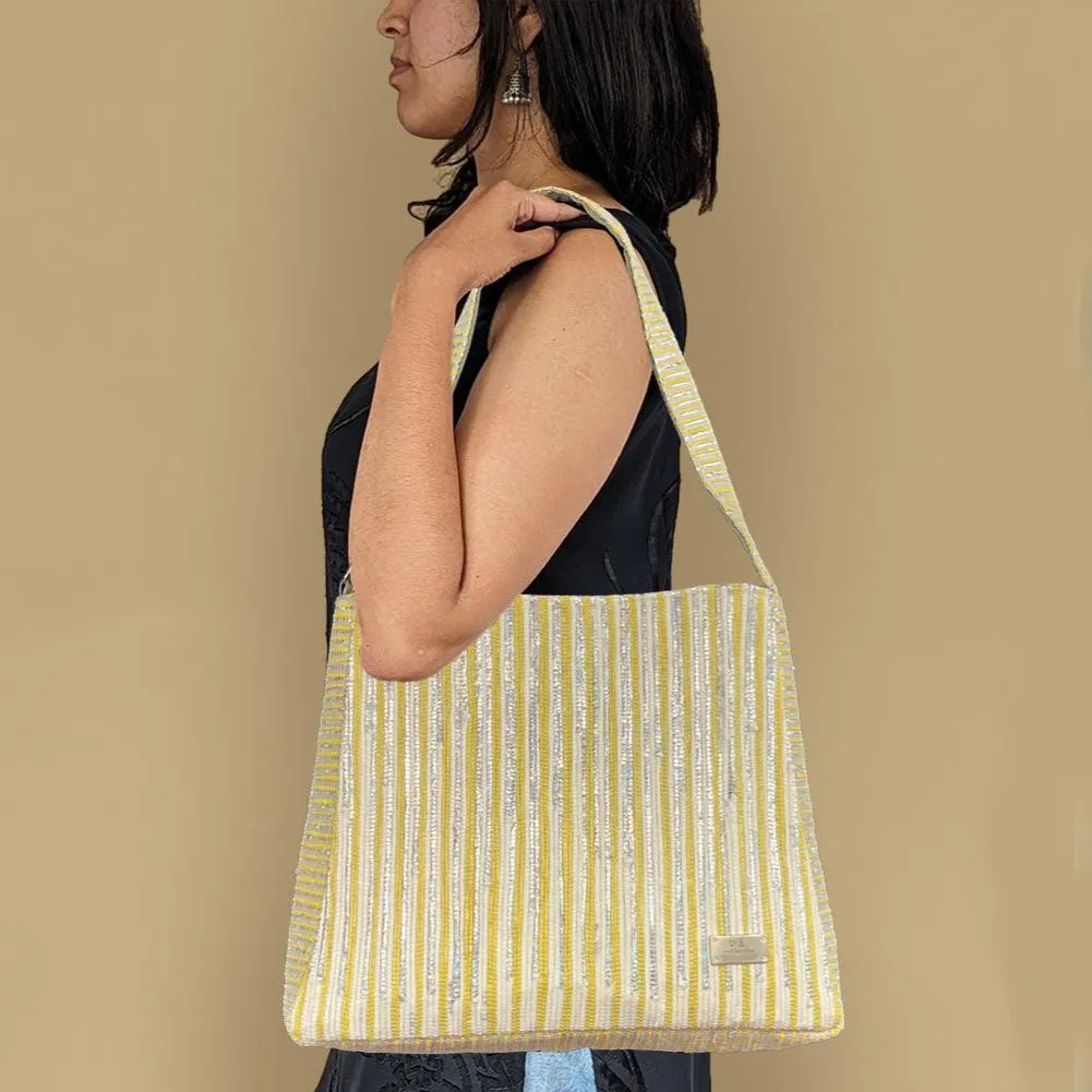 Shimmery Silver Yellow Striped Upcycled Handwoven Designer Trapeze Tote (TTD1124-007) PS_W