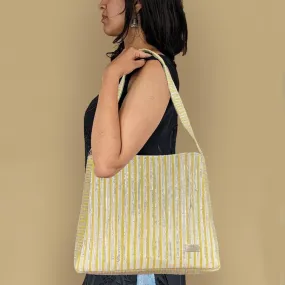 Shimmery Silver Yellow Striped Upcycled Handwoven Designer Trapeze Tote (TTD1124-007) PS_W