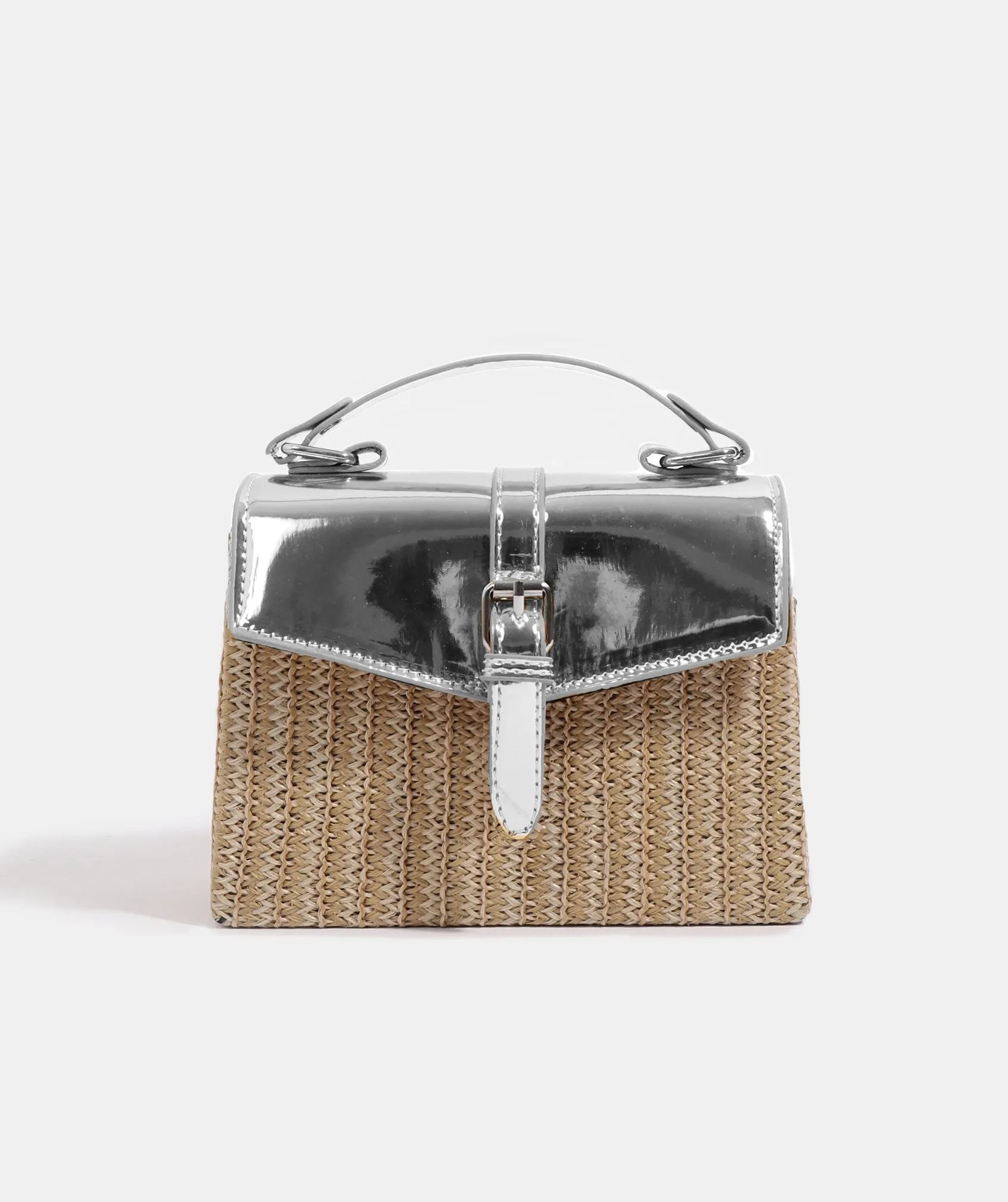 Silver Crossbody Bag with Metallic Faux Leather Details and Adjustable Straps