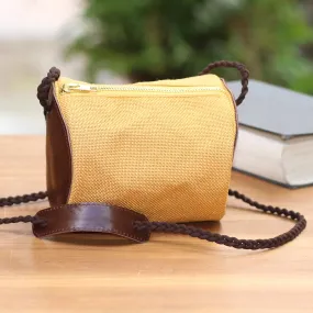 Small Javanese Cotton and Leather Sling Bag - Java Barrel | NOVICA