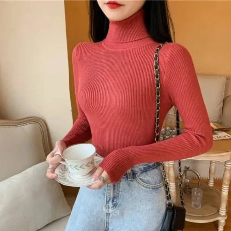 Soft Women Turtleneck Sweater Knitted Pullover Winter Simple Solid Color Jumper Super Elastic Fall Ladies Basic Tops