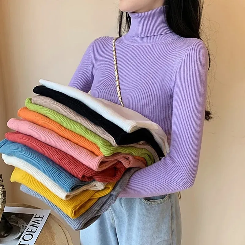 Soft Women Turtleneck Sweater Knitted Pullover Winter Simple Solid Color Jumper Super Elastic Fall Ladies Basic Tops