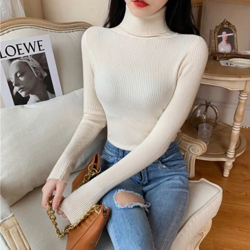 Soft Women Turtleneck Sweater Knitted Pullover Winter Simple Solid Color Jumper Super Elastic Fall Ladies Basic Tops