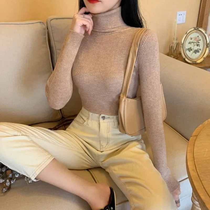 Soft Women Turtleneck Sweater Knitted Pullover Winter Simple Solid Color Jumper Super Elastic Fall Ladies Basic Tops