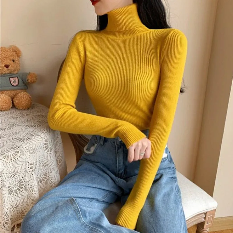Soft Women Turtleneck Sweater Knitted Pullover Winter Simple Solid Color Jumper Super Elastic Fall Ladies Basic Tops