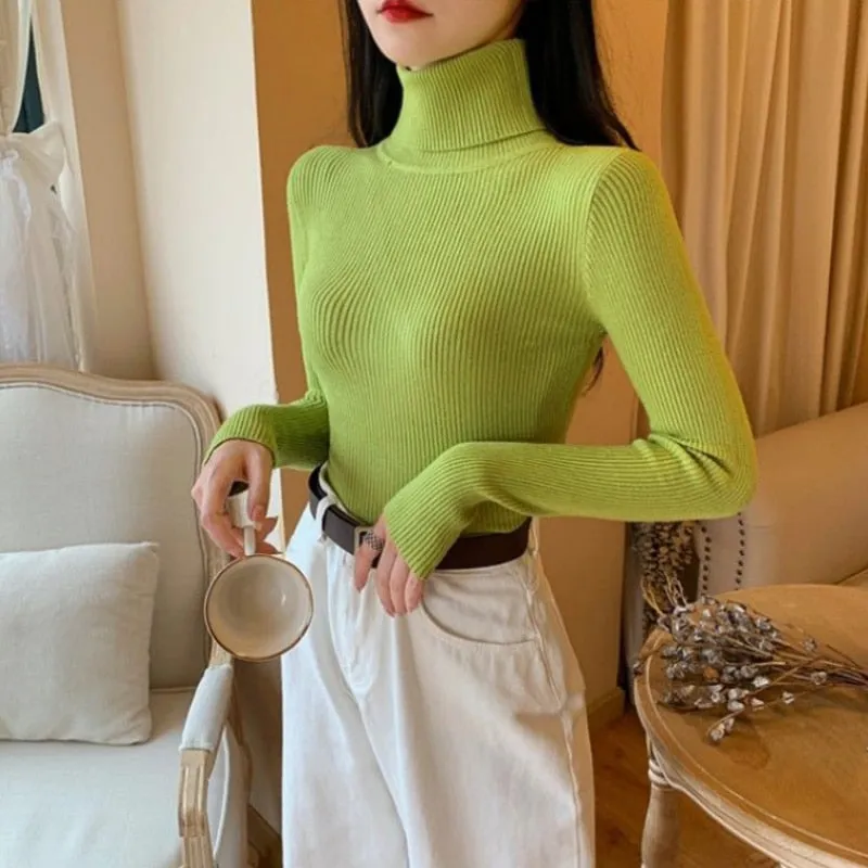 Soft Women Turtleneck Sweater Knitted Pullover Winter Simple Solid Color Jumper Super Elastic Fall Ladies Basic Tops