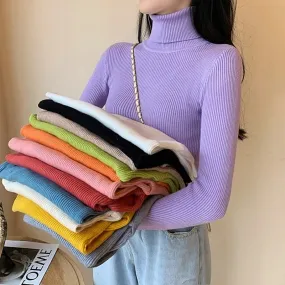 Soft Women Turtleneck Sweater Knitted Pullover Winter Simple Solid Color Jumper Super Elastic Fall Ladies Basic Tops