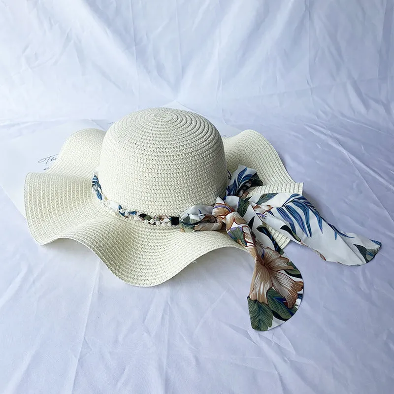Summer big brim wave ladies straw hat pearl streamer hat beach travel hat casual fashion hat