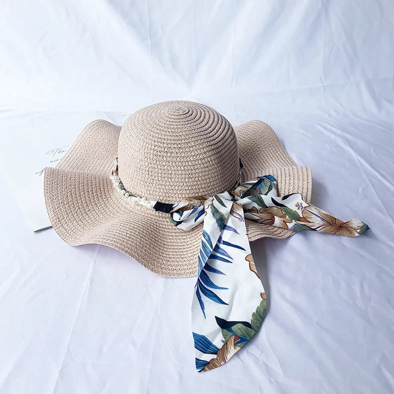 Summer big brim wave ladies straw hat pearl streamer hat beach travel hat casual fashion hat