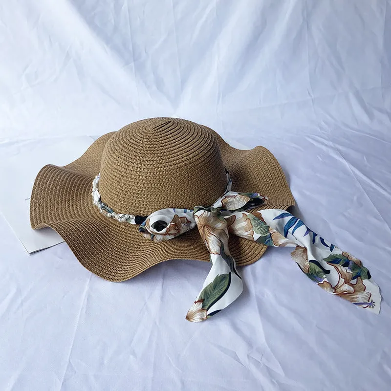 Summer big brim wave ladies straw hat pearl streamer hat beach travel hat casual fashion hat