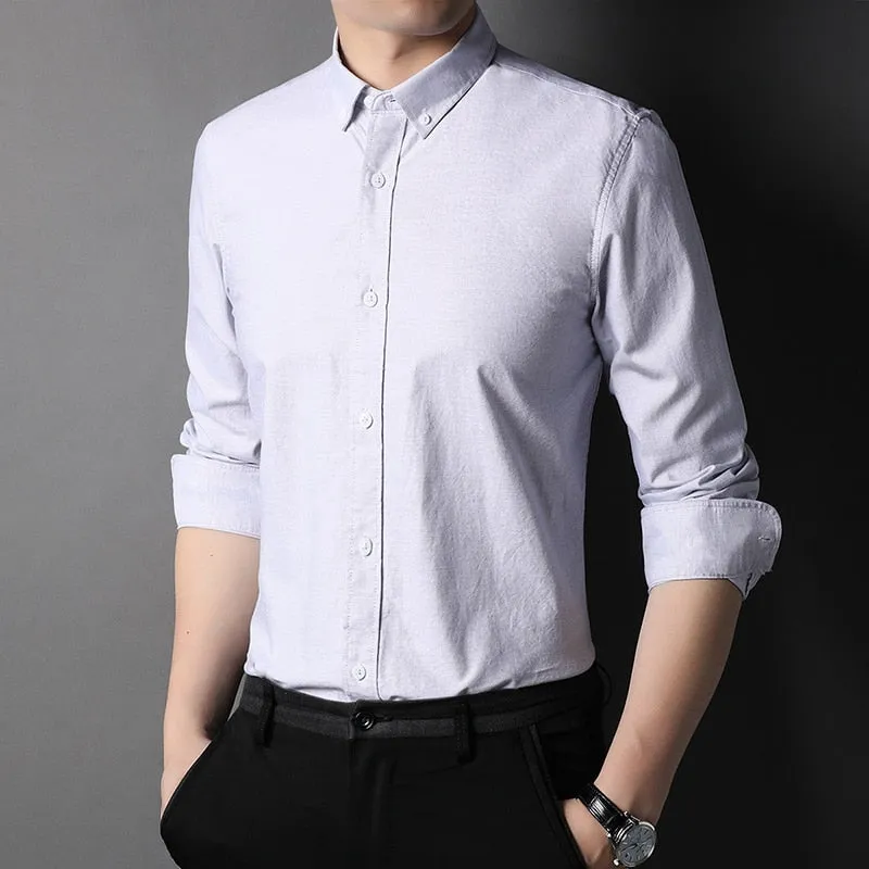 Top Grade 100% Cotton Fashion Brand Designer Slim Fit Button Down Shirts Solid Color Casual Long Sleeve Men Clothing