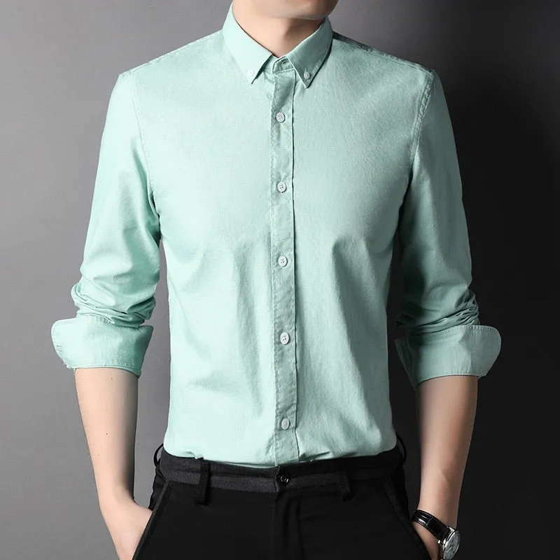 Top Grade 100% Cotton Fashion Brand Designer Slim Fit Button Down Shirts Solid Color Casual Long Sleeve Men Clothing
