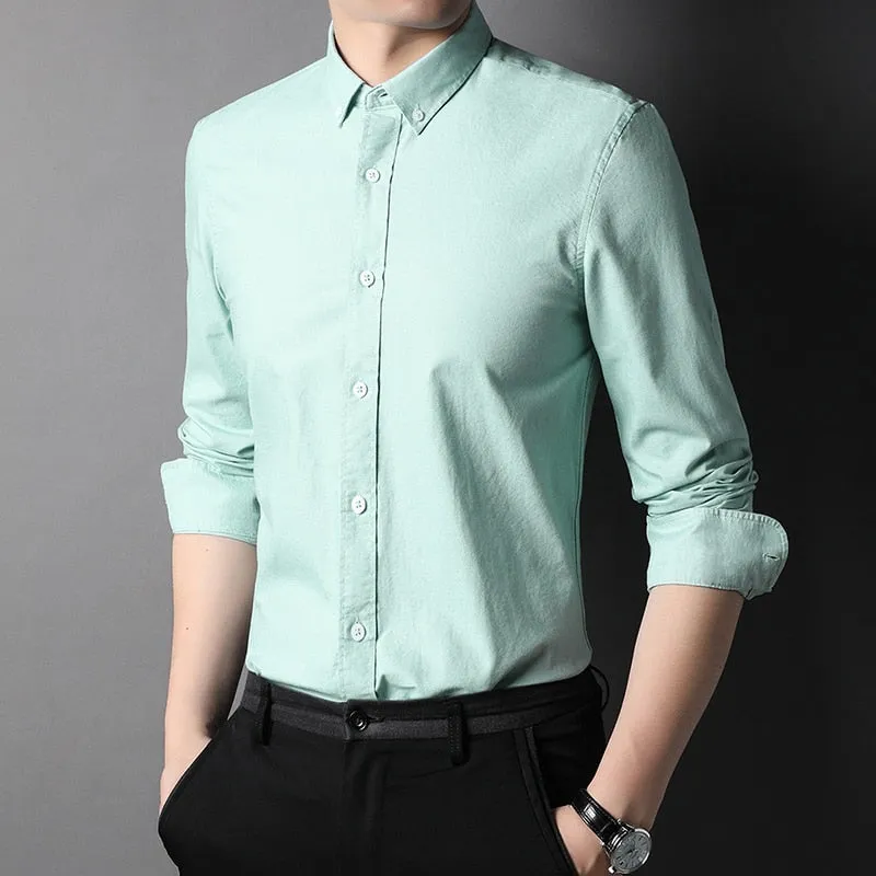 Top Grade 100% Cotton Fashion Brand Designer Slim Fit Button Down Shirts Solid Color Casual Long Sleeve Men Clothing