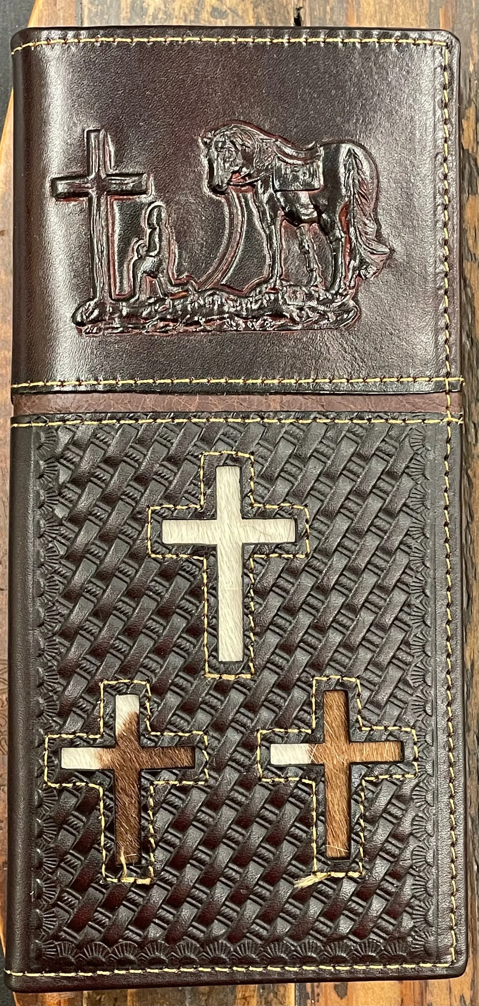 Top Notch Accessories 60204CF Coffee Embossed Praying Cowboy With 3 Hair-On Crosses Wallet