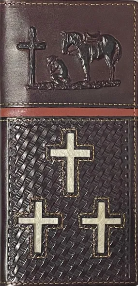Top Notch Accessories 60204CF Coffee Embossed Praying Cowboy With 3 Hair-On Crosses Wallet