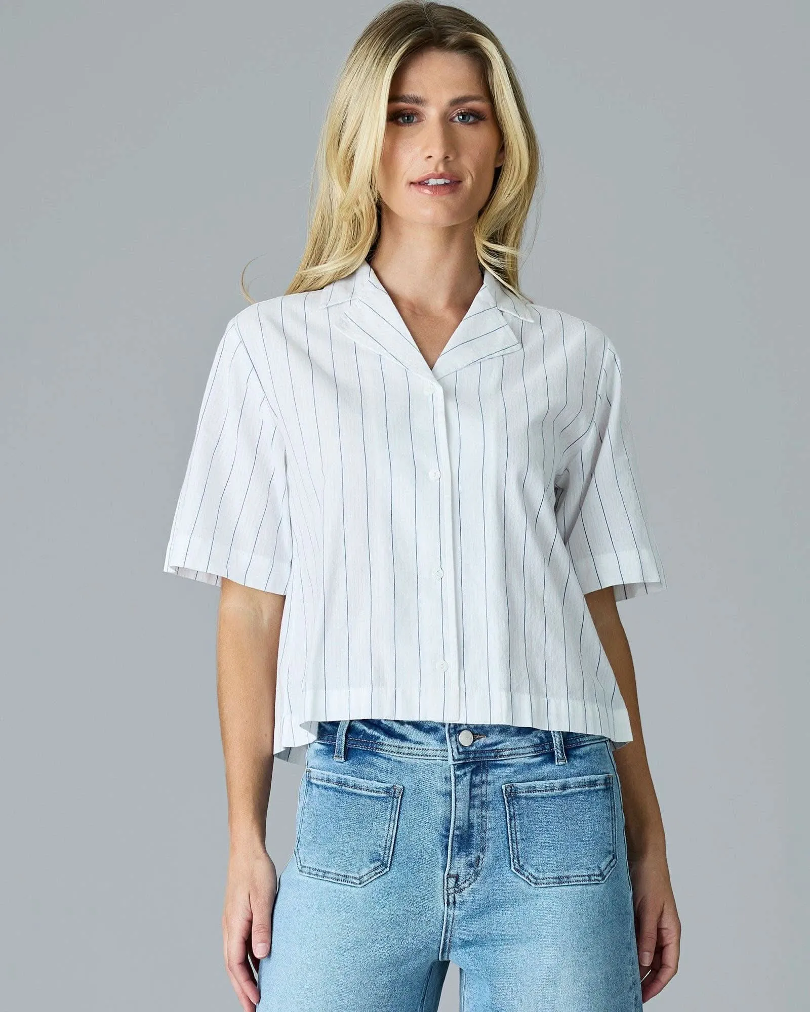 Vertical Stripe Half Sleeve Button Down Shirt