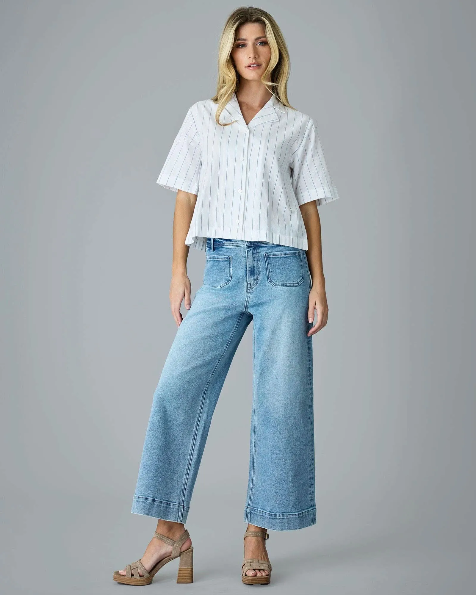 Vertical Stripe Half Sleeve Button Down Shirt