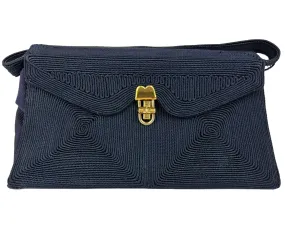Vintage 1940s Small Corde Handbag Purse Navy Blue - VFG