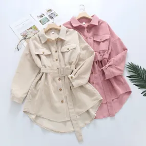 Vintage Corduroy Shirts Women Fall Long Sleeve Belt Tunic Pink Button Up Long Shirts High Waist Designed Casual Tops