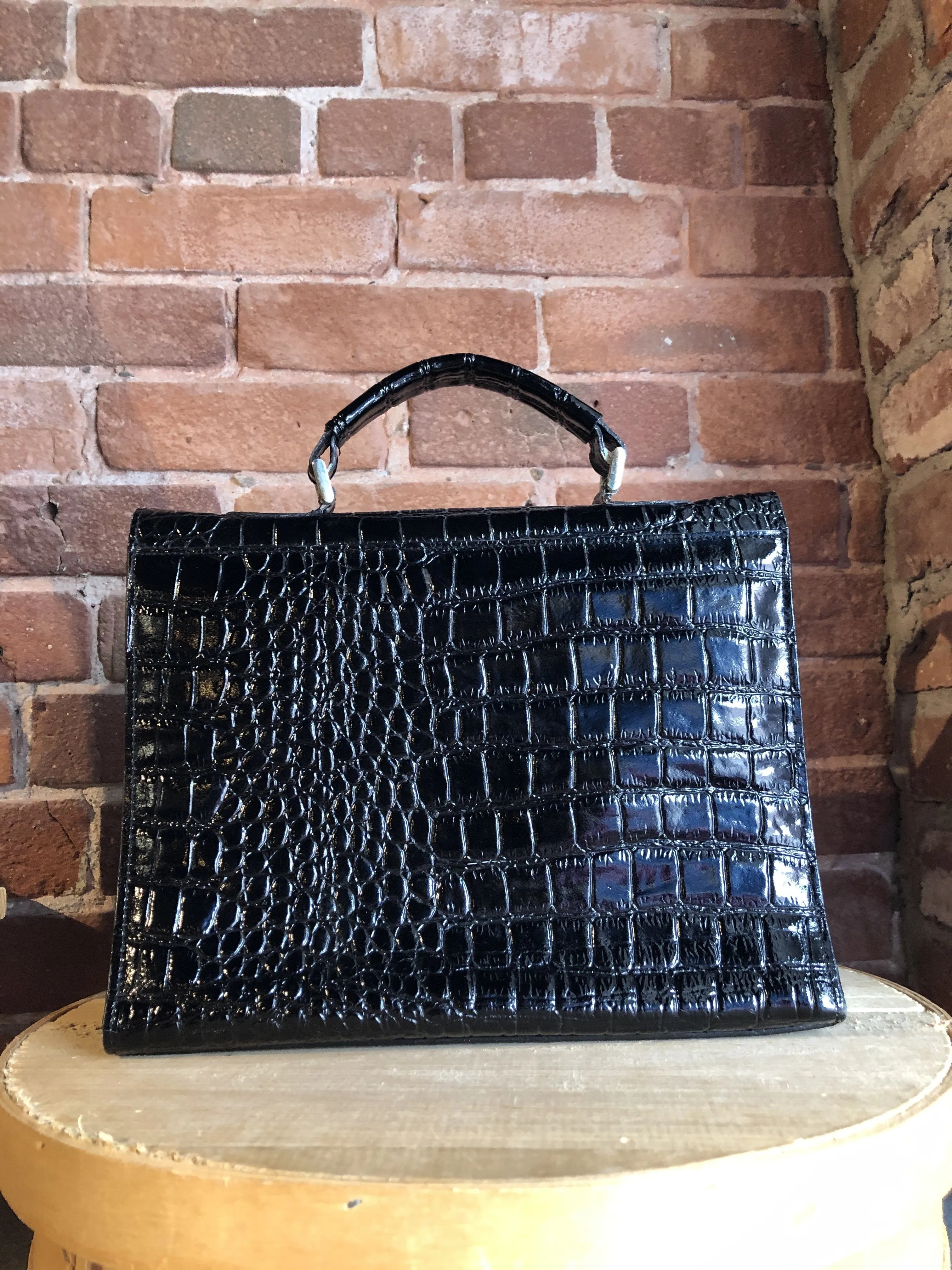 Vintage Remo Black Shiny Reptile Handbag, SOLD