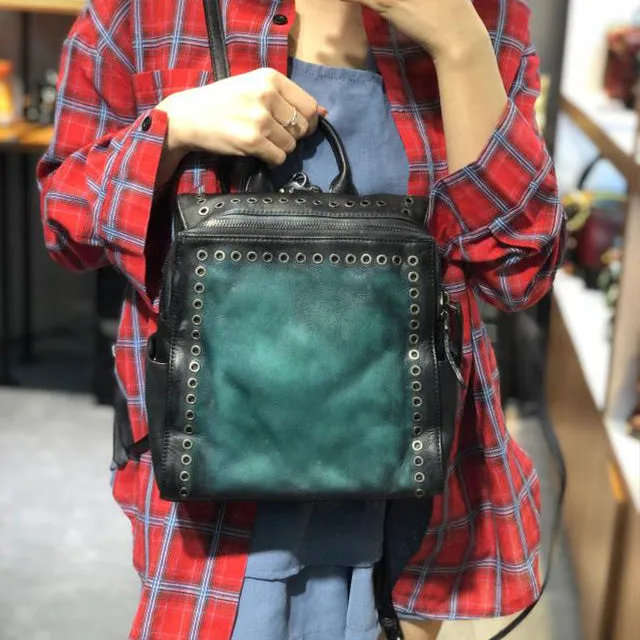 Vintage Womens Square Leather Crossbody Backpack Purse Small Leather Shoulder Bag
