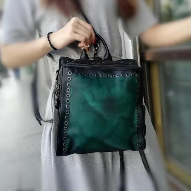 Vintage Womens Square Leather Crossbody Backpack Purse Small Leather Shoulder Bag